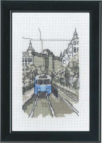 Kreuzstichpackung 10x15cm - blaue Straßenbahn